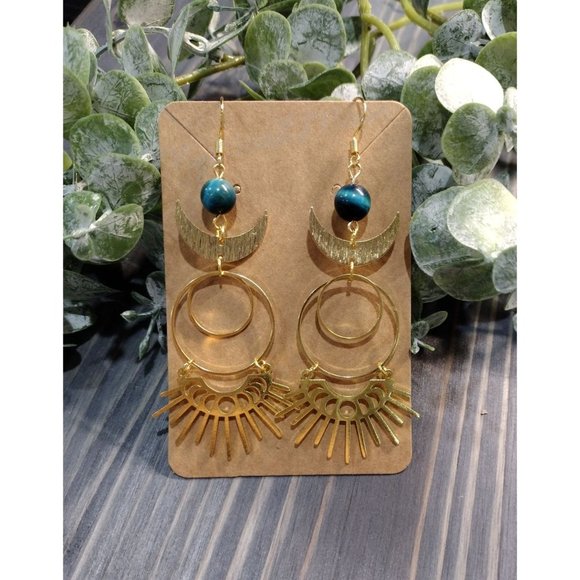 Moon Phases Sunshine Dangle Earrings with Blue Tigers Eye Boho Celestial - Picture 5 of 7